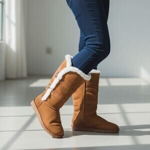 Arizona Bridget Womens 7M Brown Suede Faux Fur Button Winter Boots Mid Calf Warm